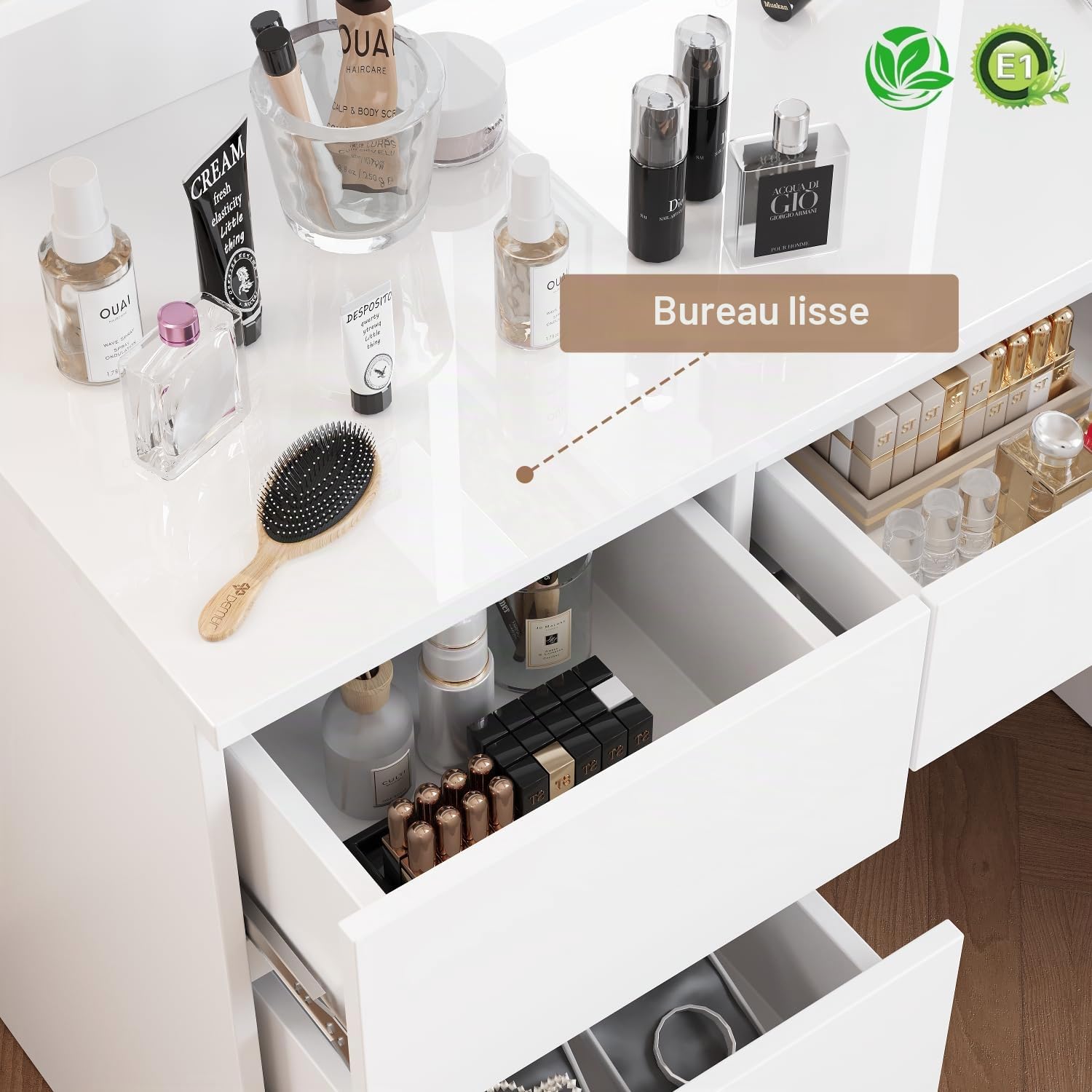 Devoko Coiffeuse LED avec 7 Grands Tiroirs, 3 Couleurs avec Luminosité Réglable, Table de Maquillage, Coiffeuse avec Miroir pour la Chambre à Coucher (Blanc)