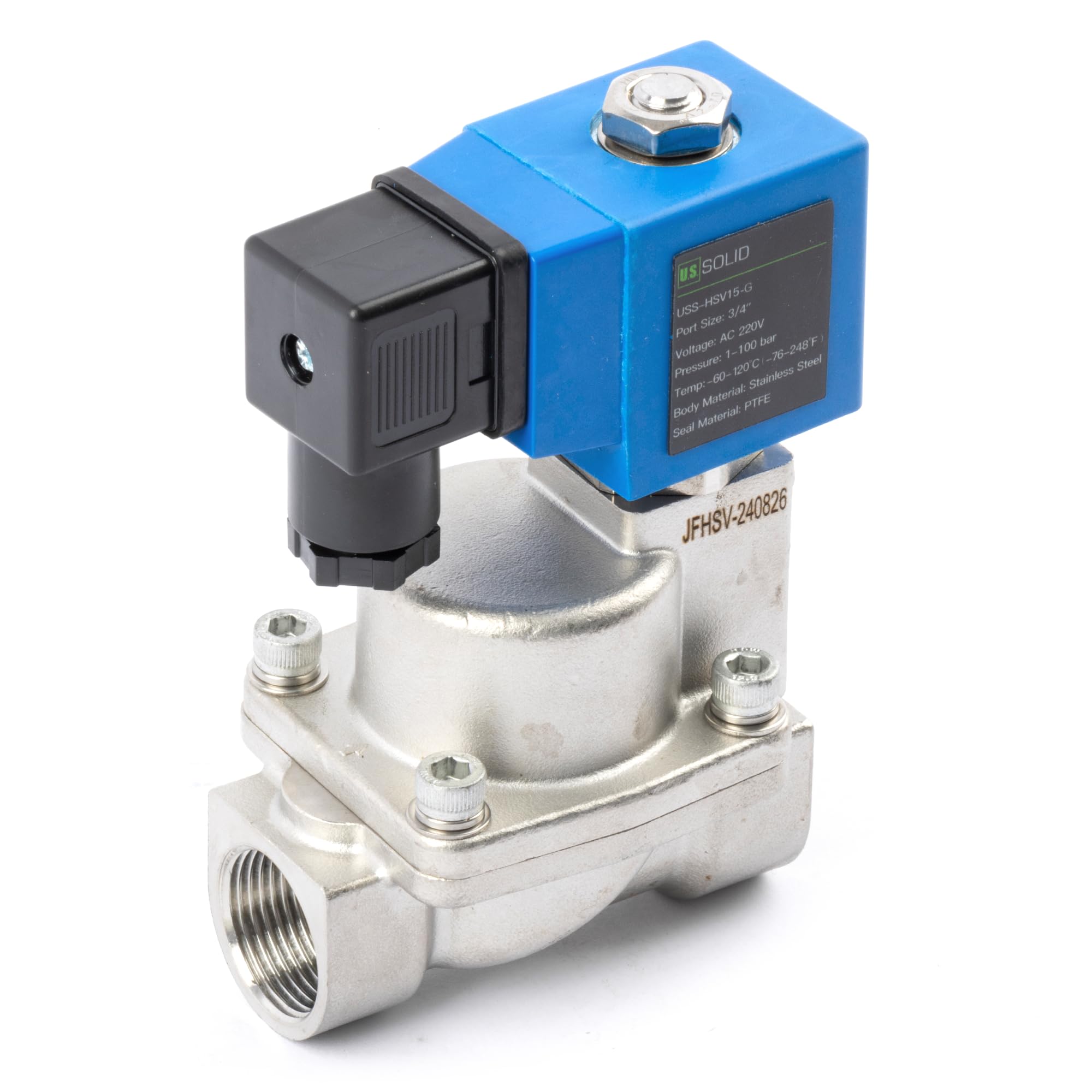 U.S. Solid Zawór elektromagnetyczny wysokiego ciśnienia 3/4" ze stali nierdzewnej – 220V AC, 100 bar, -60°C do 120°C, odporny na wysokie temperatury