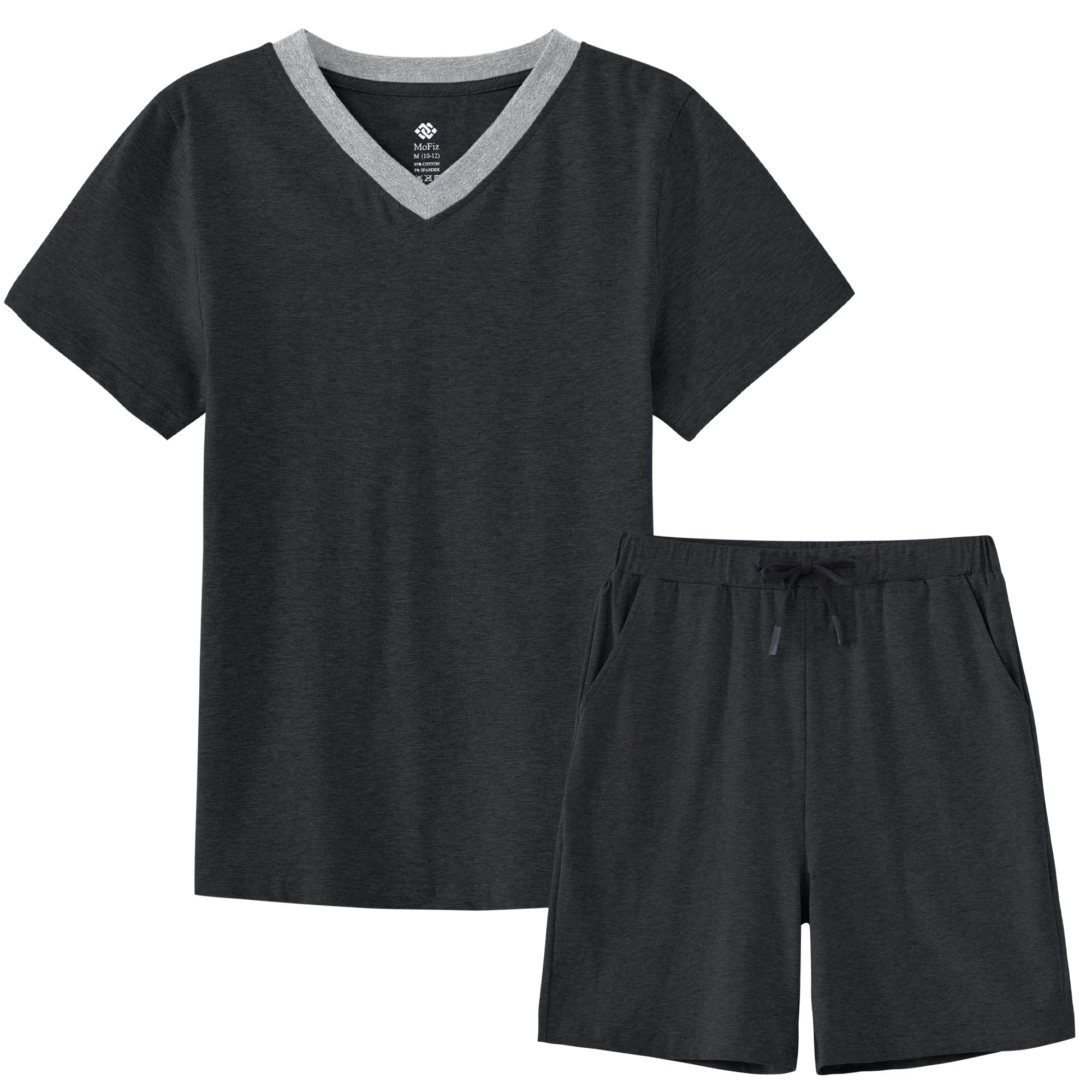 MoFiz - Pijama de niño de algodón con conjuntos de pijama corto, ropa de dormir con cuello en V, manga corta, pijama y pantalones cortos, 128 cm a 176 cm