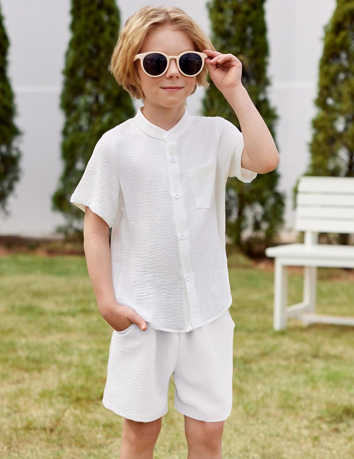 Arshiner Toddler Boys 2 Piece Set Short Sleeve Button Down Shirt and Shorts Vacation Texture Outfits with Pocket 2-8 Years - Image 4