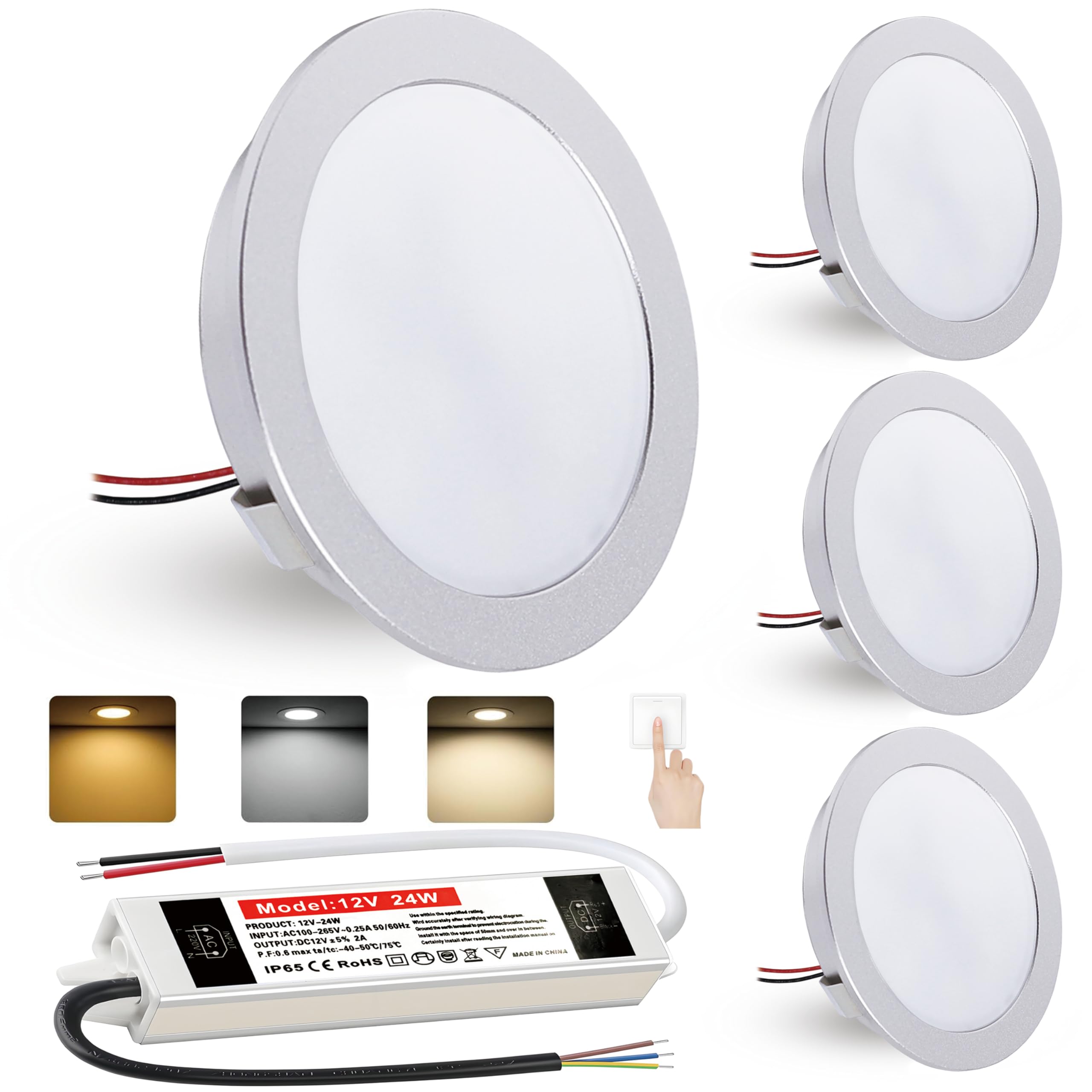 Faretto da incasso a LED, 4 W, bianco caldo, bianco neutro, 12 V, dimmerabile, diametro foro 60 mm e 12 mm, IP44, faretto da incasso per roulotte, cucina, con trasformatore da 230 V, set da 4 pezzi