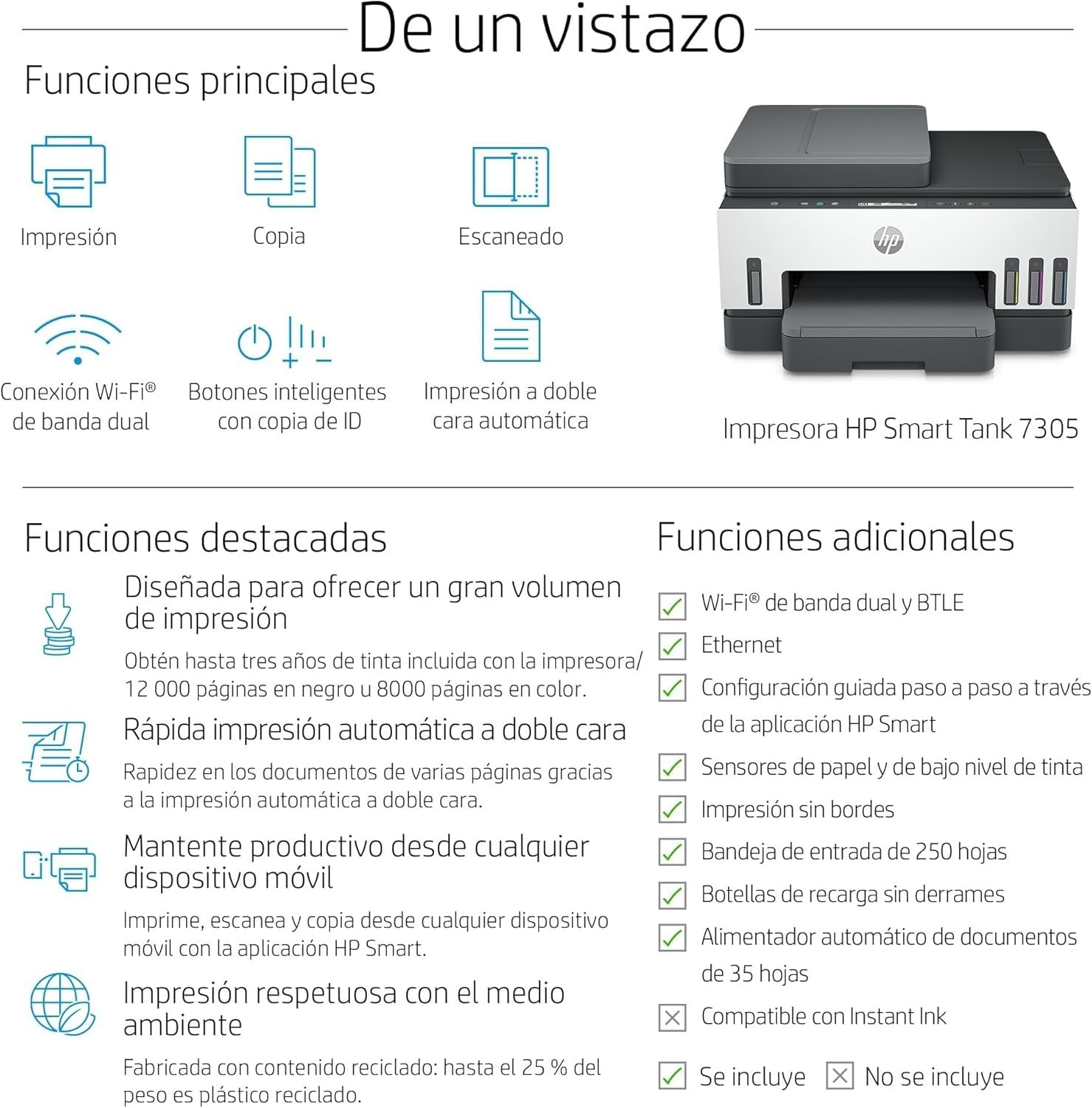 HP Smart Tank 7305 28B75A -Impresora A4 Multifunción con Deposito de Tinta Recargable, Impresión a Color, Escaner, Copiadora, Wi-Fi, Smart App, Blanca y Gris Oscuro