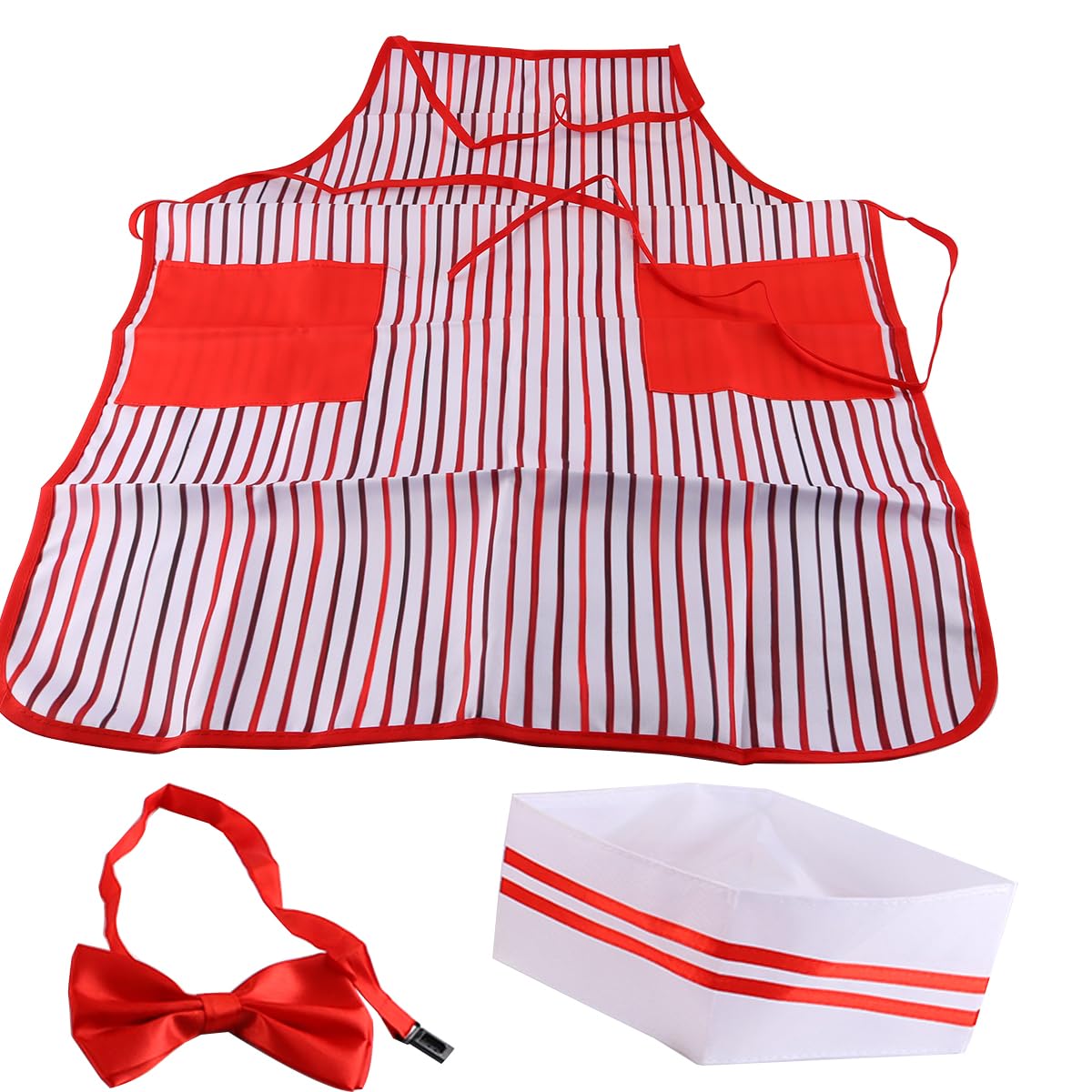 Enwye 1 Set Adult 1950s Waitress Costume Accessories Kit Chef Hat Red White Striped Apron Butterfly Tie for Halloween Cosplay Carnival