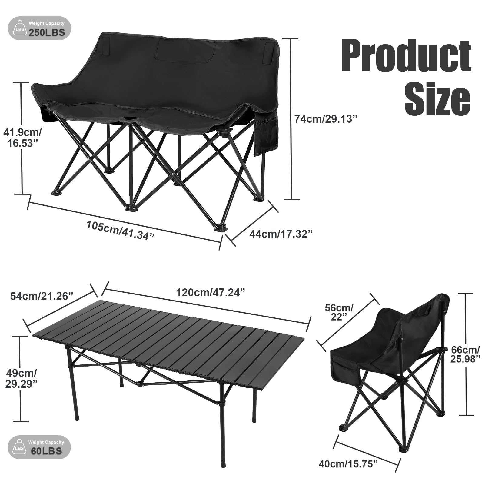 Canapé de Camping 2 Places, Set 4 Pièces avec Table et Fauteuils Pliables