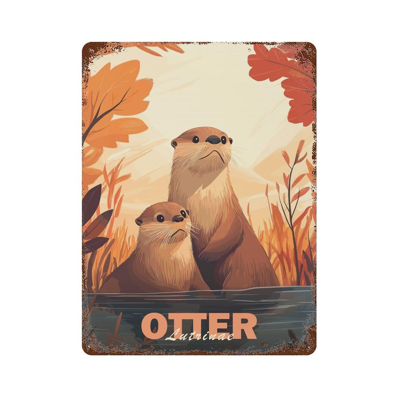 Otter Family Portrait Rust Effect Tin Sign 15.7"x11.8", Ideal for Shed, Workshop And Garage Wall Decor
