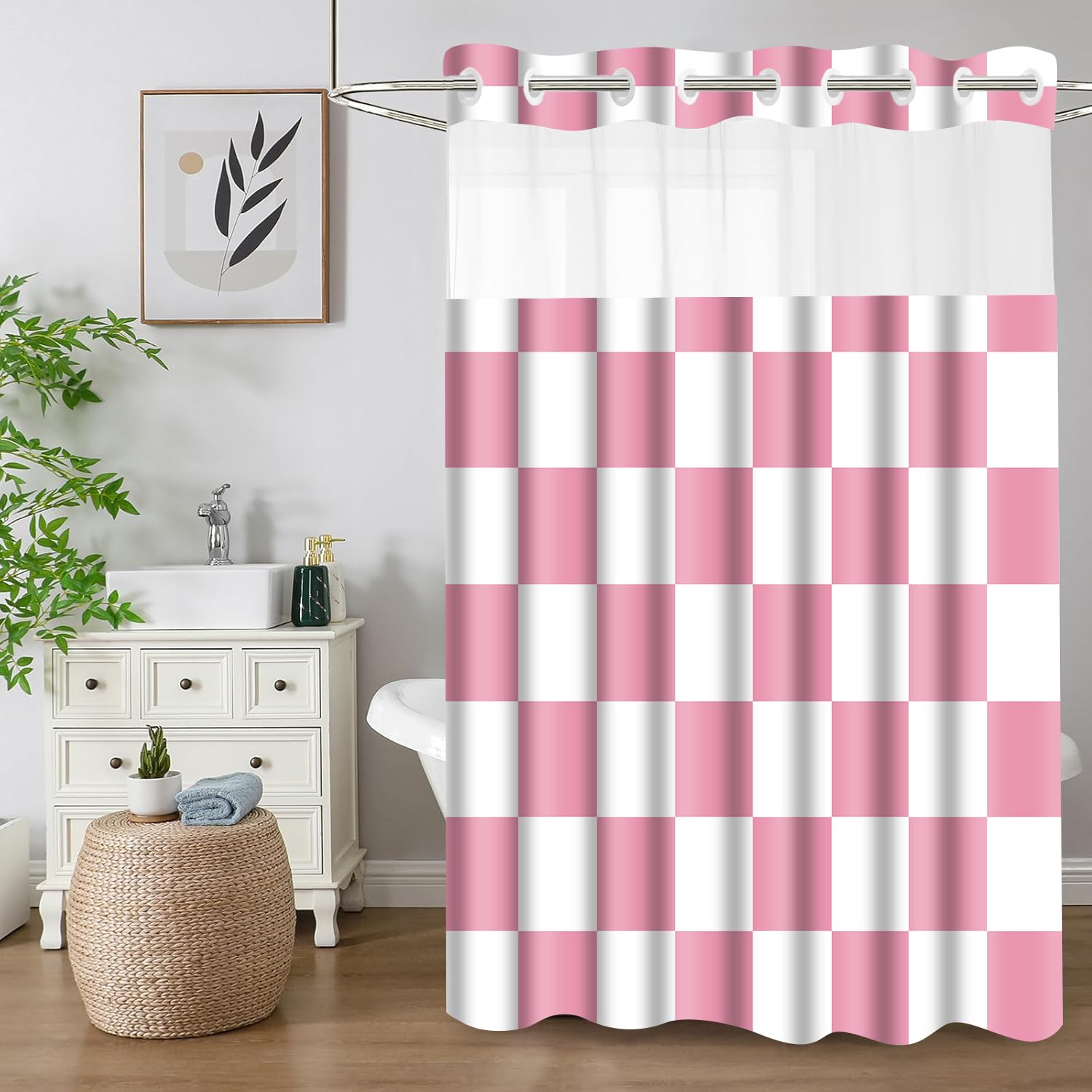 Rideau de douche sans crochet imperméable et opaque à carreaux pour douche moderne
