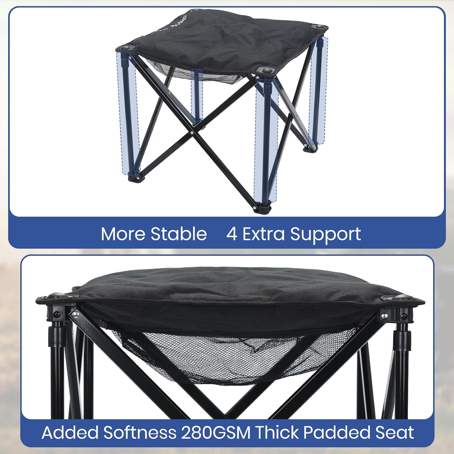Padded Camping Stool, 18 Inch Oversized Folding Camping Foot Rest, 500lb Outdoor Camp Chair Footstool, Portable Camping Ottoman w/Storage Net, Carry Bag, for Camping Gardening (1, Black)