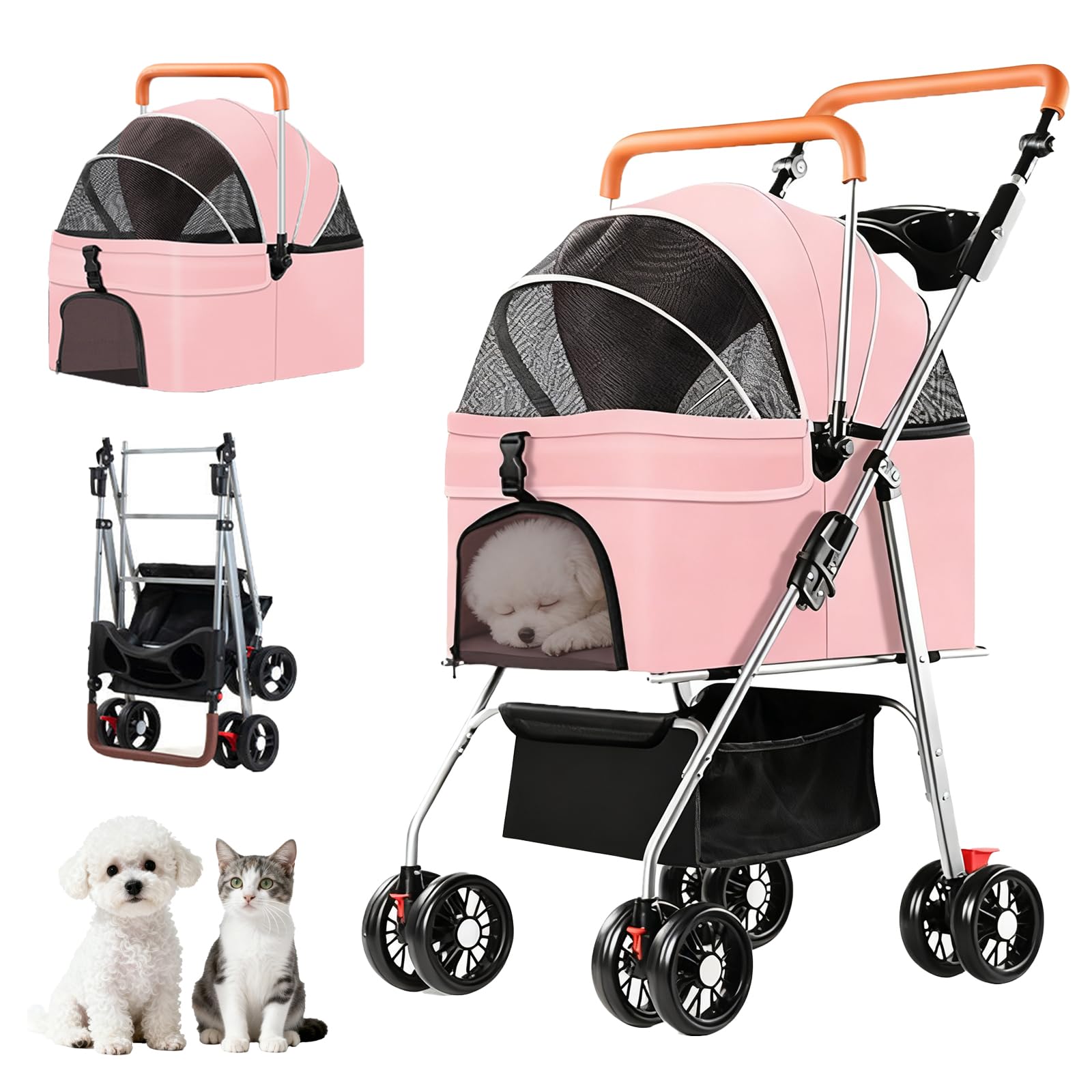 Simanli Pet Stroller for Small Dogs Cats Foldable Travel Portable Puppy Trolley with Removable Carrier 4 Wheels for Travel Camping Walk with Storage Bag(Pink)