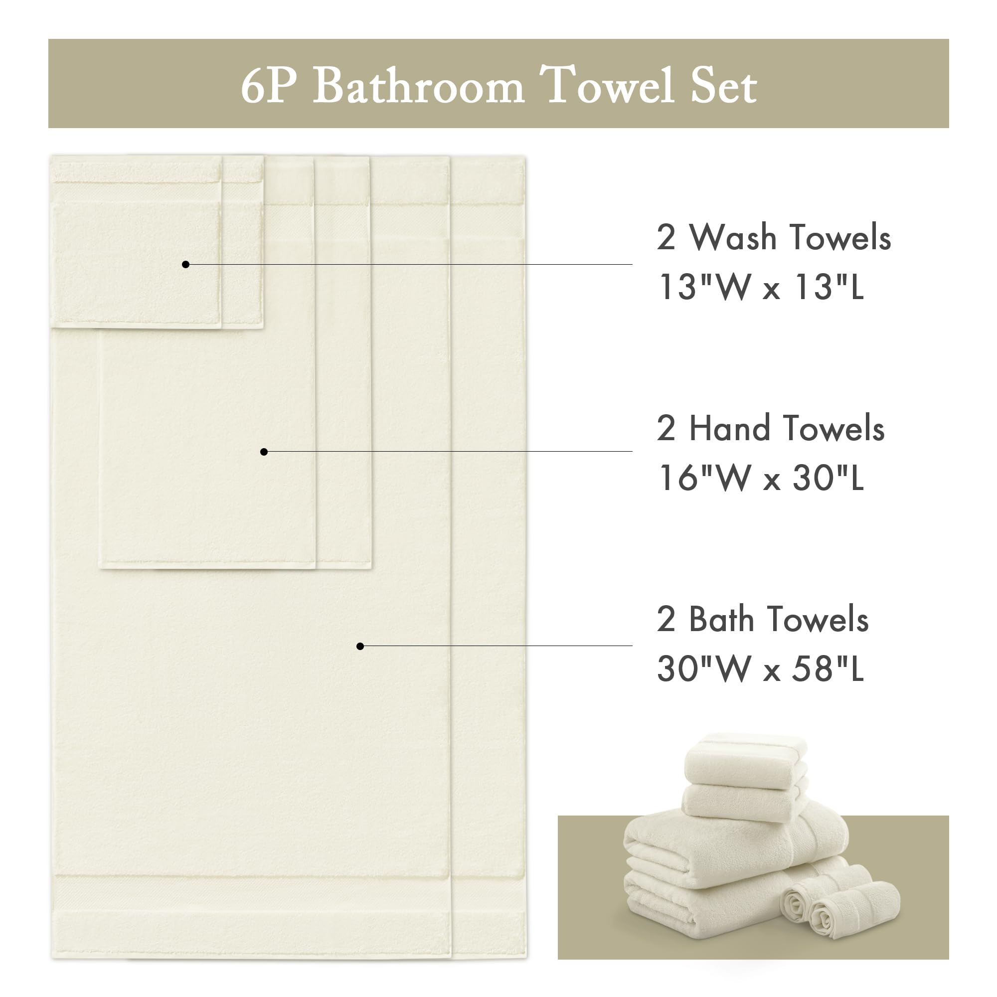 Madison Park Signature Juego de Toallas turcas 100% algodón de 600 g/m², de Lujo, Gruesas, Suaves, absorbentes, para Hotel, Toallas de baño, Ducha, Cara, Varios tamaños, Natural, 6 Piezas