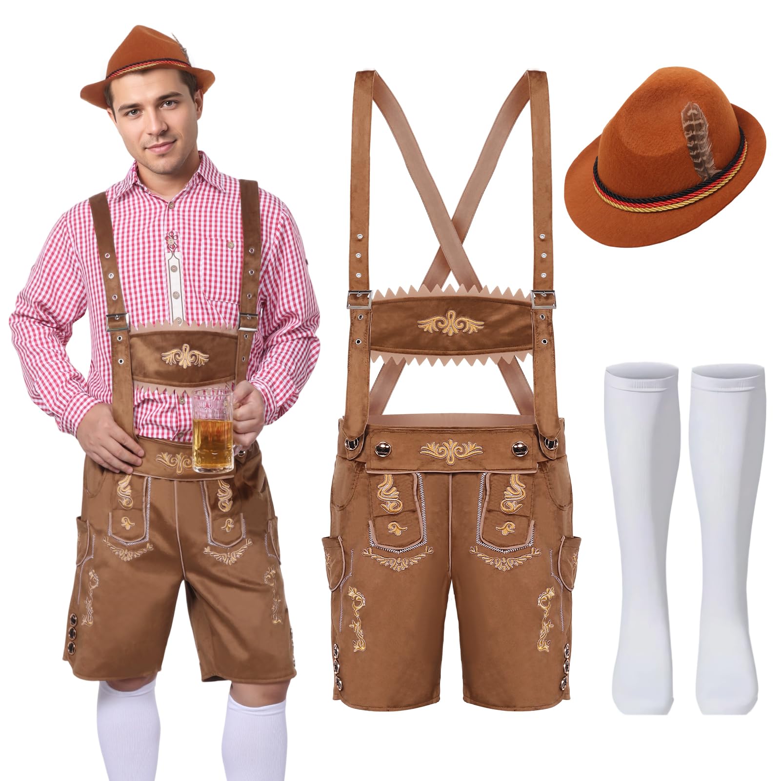 Raveparty Oktoberfest Herren Outfit, Lederhose Herren Tracht Set, Deutsch Bayern Oktoberfest Kostüm Set mit Abnehmbarem Lätzchenträger, Kniesocken und Bayerischen Filzhüte (Style B, L)