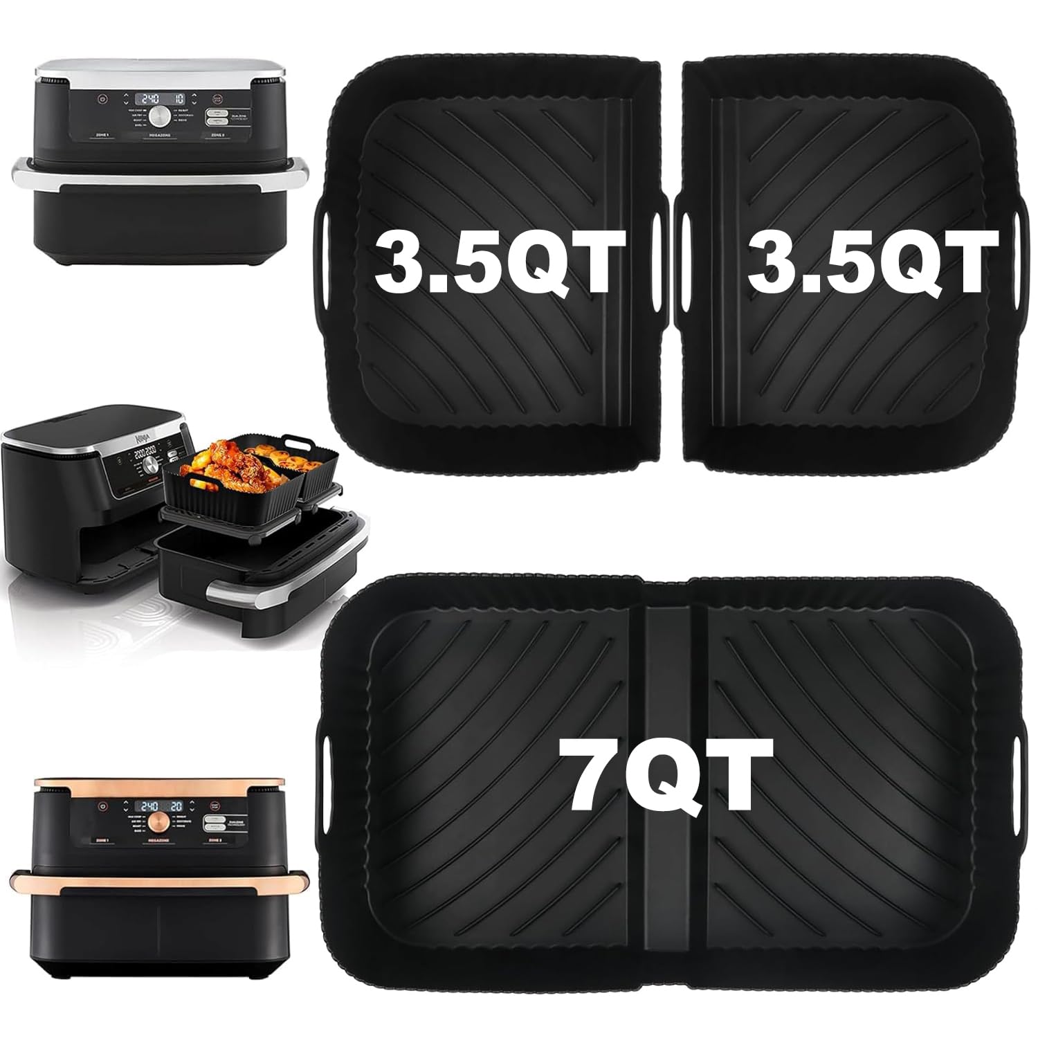 YJWYDM Air Fryer Silicone Liners for Ninja DZ071, 3 Pack Reusable 7-QT DualZone Megazone Air Fryer Accessories, 2 Pcs Liners for Dual 3.5QT Baskets 1 Pcs Liner for 7-QT Megazone Basket