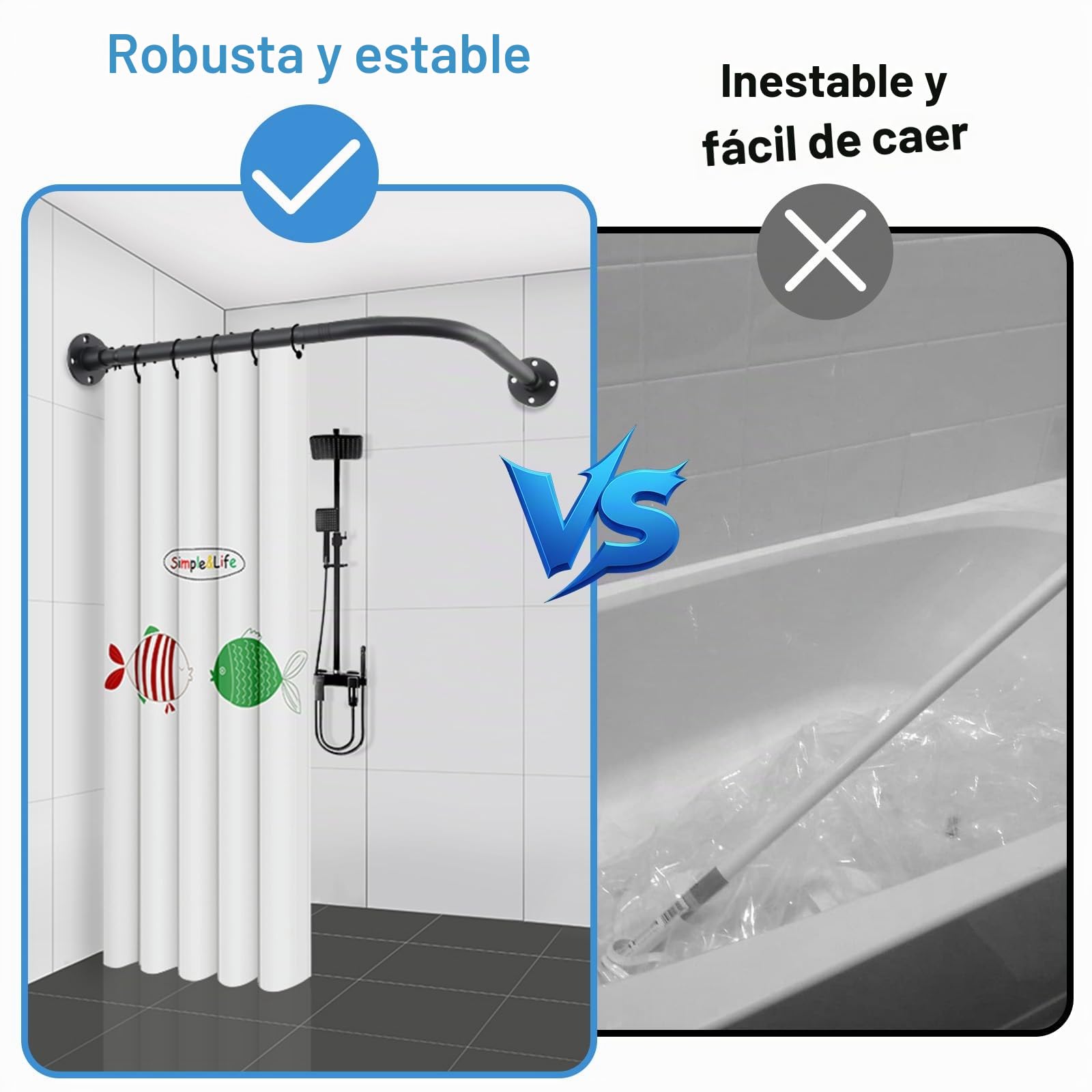 Barra de cortina de ducha en forma de L, barra de ducha de esquina ajustable (76-101 cm x 76-101 cm), Negro Mate Barra de Cortina Curvada Ajustable de 90 Grados Para Baño,Acero Inoxidable