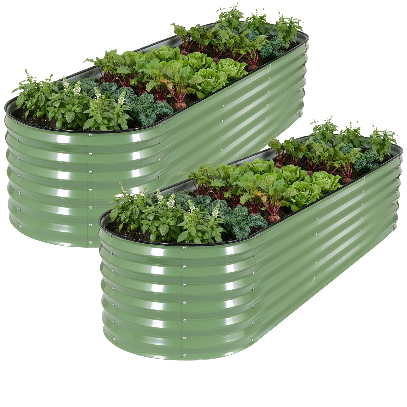 WILLOW WEAVE Set of 2 Raised Beds for Garden, Galvanized Steel Planters Outdoor for Growing Plants, Vegetables, Flowers and Herbs, 240x60x43cm, OliveGreen