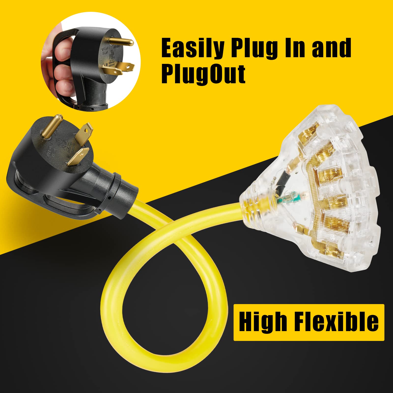 30 Amp to 110V RV Distribution Adapter Cord, NEMA TT-30P Male to 3X 5-15R/5-20R T-Blade Household Outlet Female with LED Power Indicator