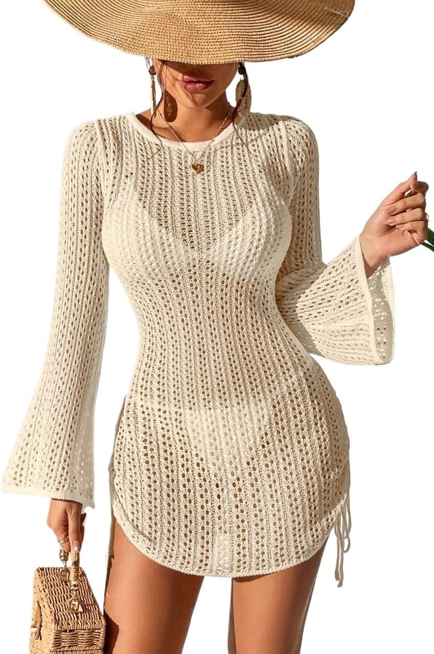 swimsuit coverup for women Hollow Out Drawstring Side Cover Up Dress Without Bikini Set