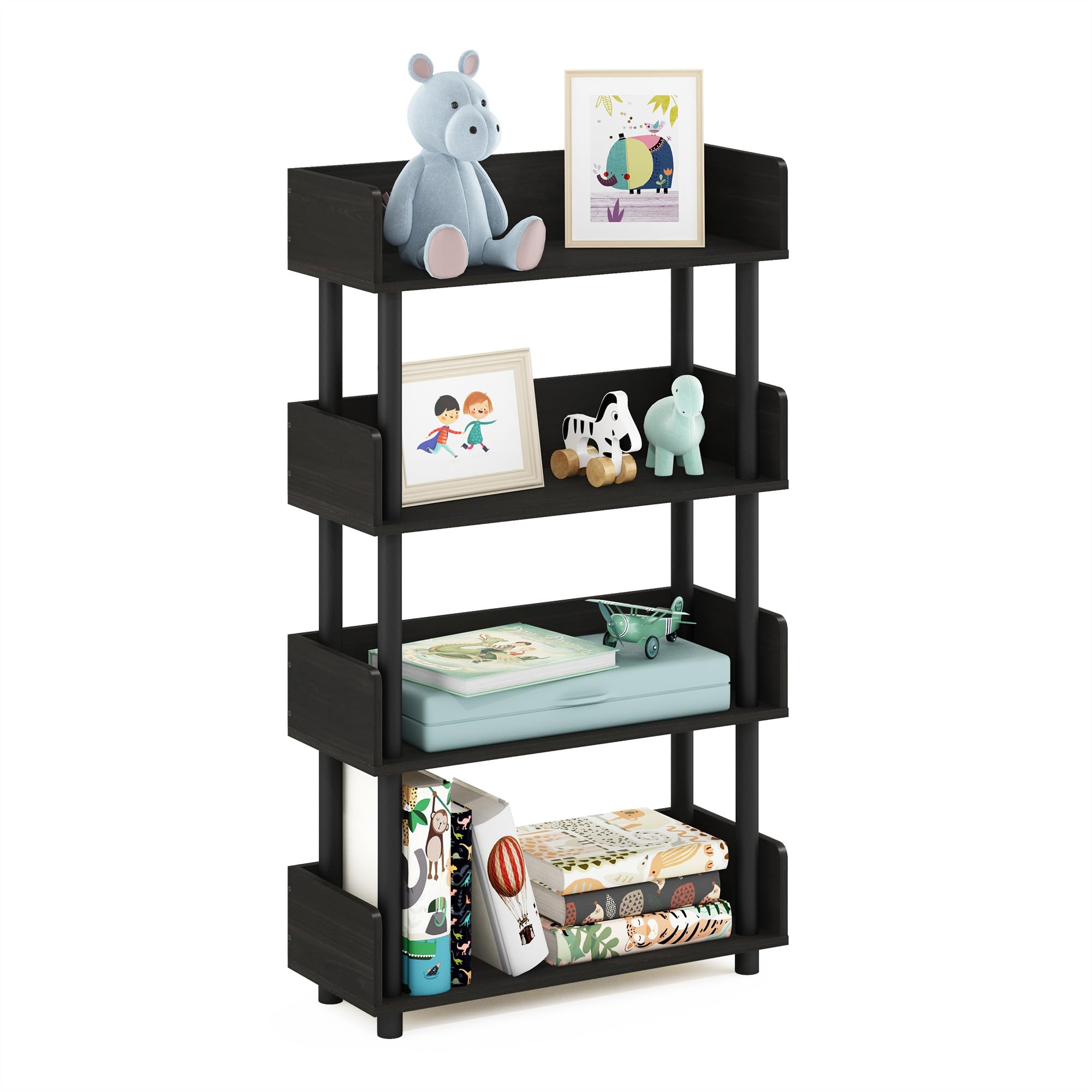 Furinno TURN-N-TUBE 4-Tier Display Shelf, Storage Shelves, Book Shelf, Open Shelves with Rounded Corner Top Edges, for Organization and Storage, Living Room, Home Office, Espresso