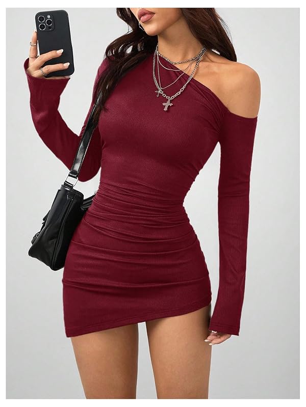 GORGLITTER Women's Off The Shoulder Bodycon Mini Dresses Asymmetrical Long Sleeve Ruched Cocktail Brunch Short Dress Burgundy Medium by GORGLITTER - Image 5