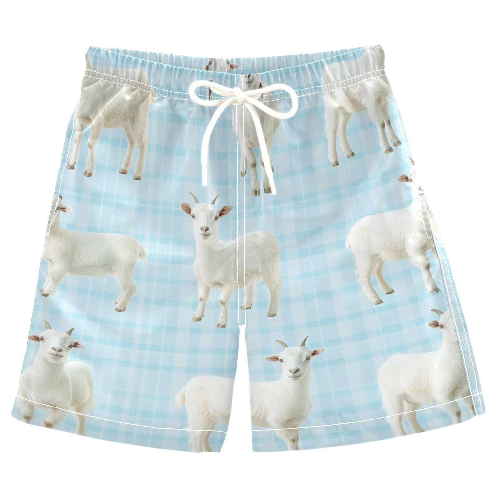 Jucciaco Boys Beach Board Shorts Sheep Grid Blue Animal Swim Trunk Teen Swimwear