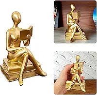 Estátua Decorativa Leitor Pensador em Resina Dourada Enfeite para Casa, Escritório, Mesa ou Estante (ESTATUA - MAO COLO)
