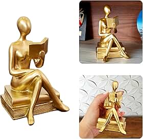 Estátua Decorativa Leitor Pensador em Resina Dourada Enfeite para Casa, Escritório, Mesa ou Estante (ESTATUA - MAO COLO)