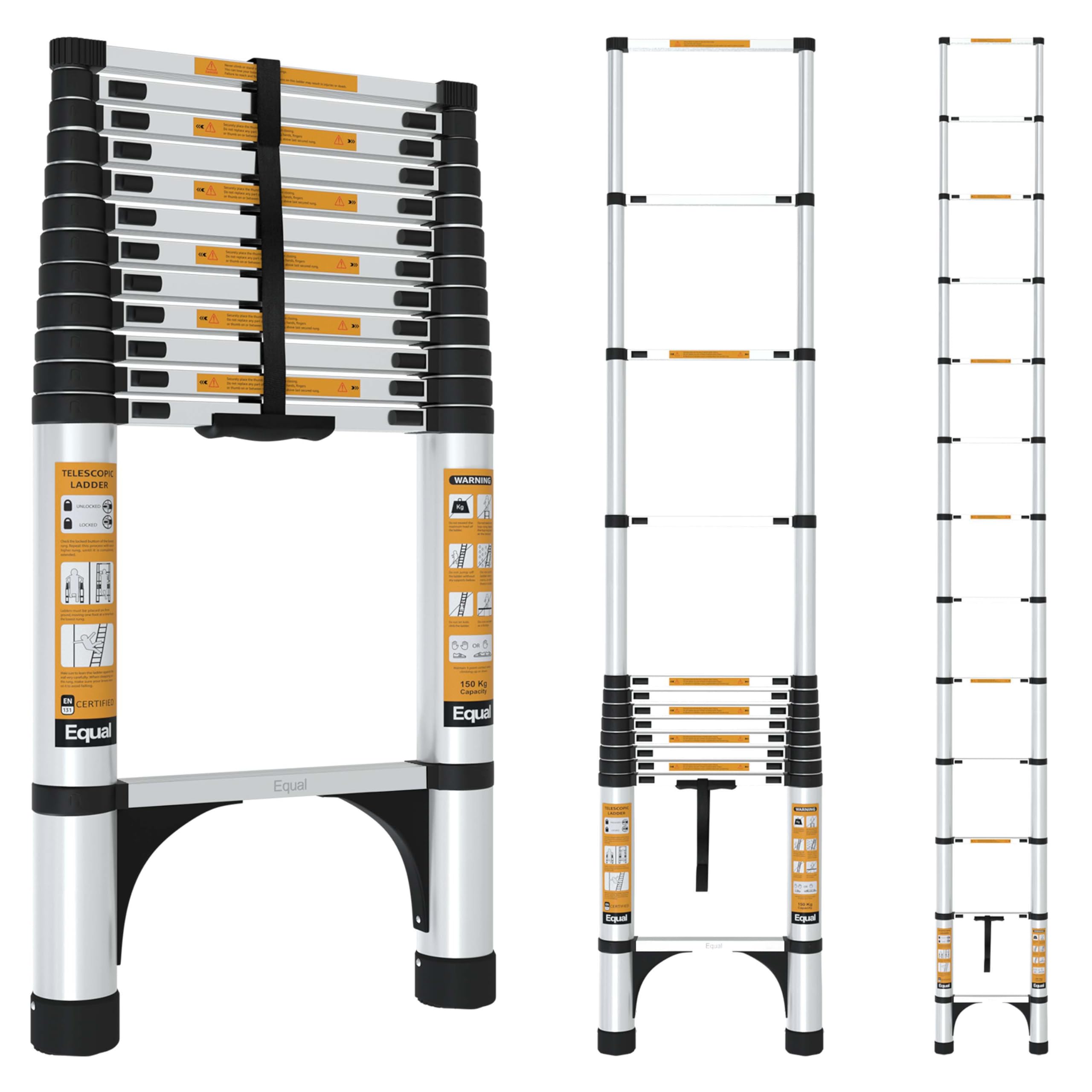 Equal 16.5 FT Portable & Compact Foldable Aluminium Telescopic Ladder | 2 Triangle Stabilizers | EN131 Certified | 2-Year Warranty | Multiuse Ladder for Home, Office & Industrial Use (5m / 13 Steps)