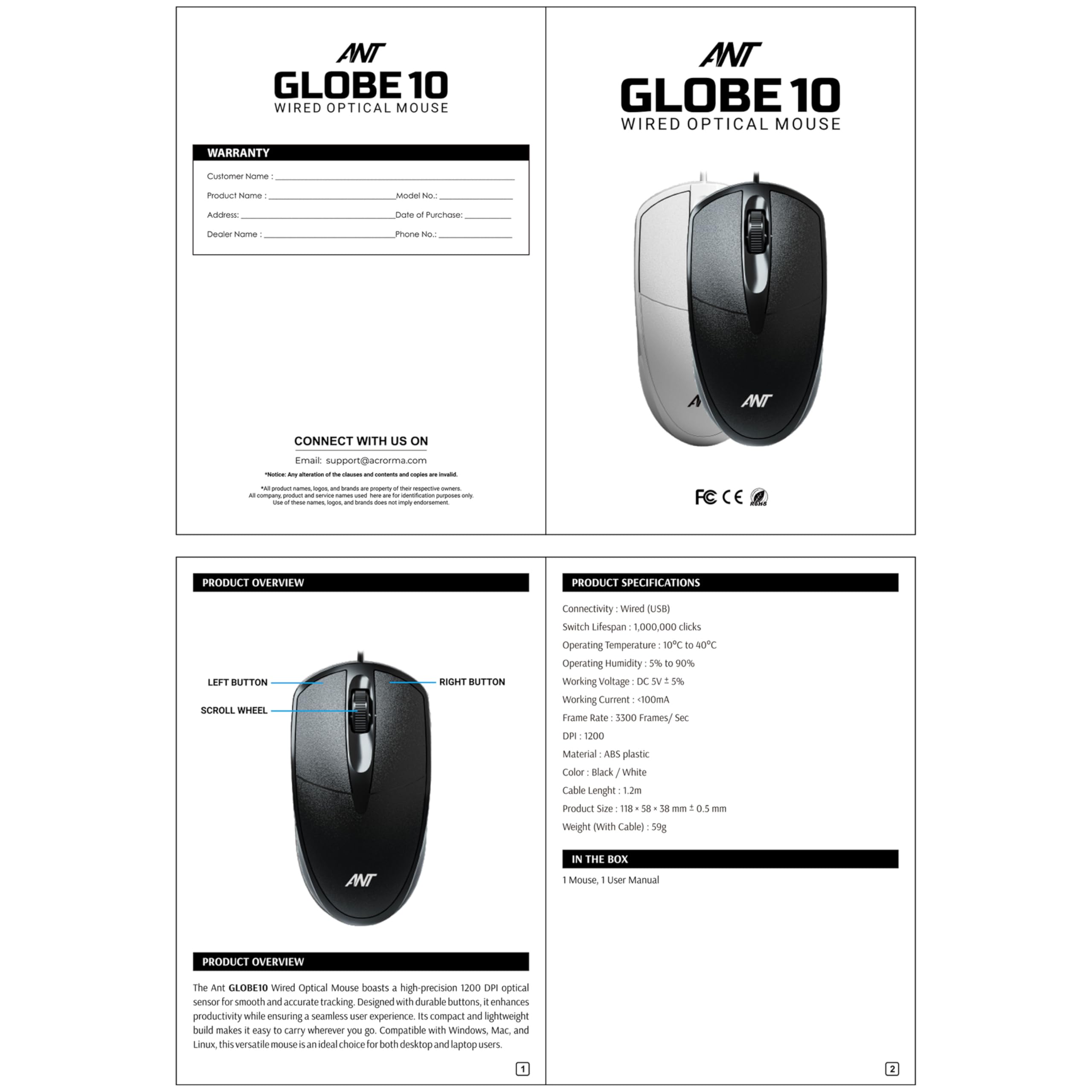 Ant Globe 10 Wired Mouse - 1200 DPI, USB -8 Ant Globe 10 Wired Mouse - 1200 DPI, USB -8
