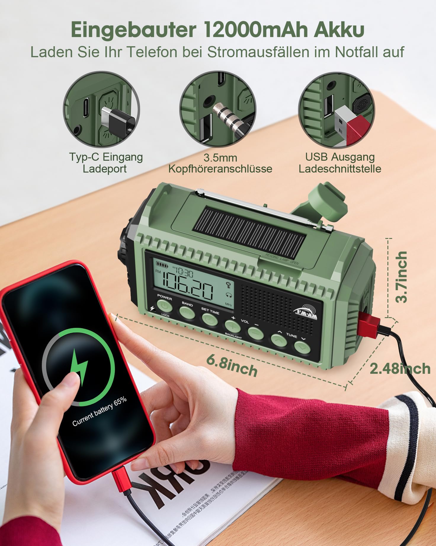12000 mAh Kurbelradio, Solar & Kurbel Notfallradio, Tragbares Retro Radio mit Weltempfänger, AM/FM/SW Radio, Als Taschenlampe & Leselicht, USB Handy-Lader, SOS Alarm, Für Camping, Notfall, Blackout