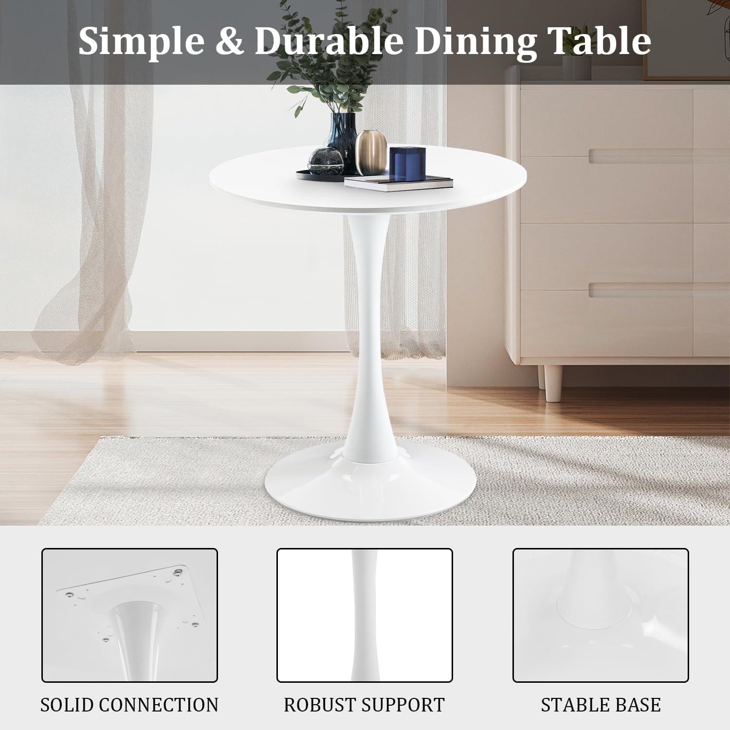 27.5" Small Round Dining Table, Modern Tulip Style Table for 1-2 People, Space-Saving Table for Dining Room, Kitchen, or Cafe, White Pedestal Base