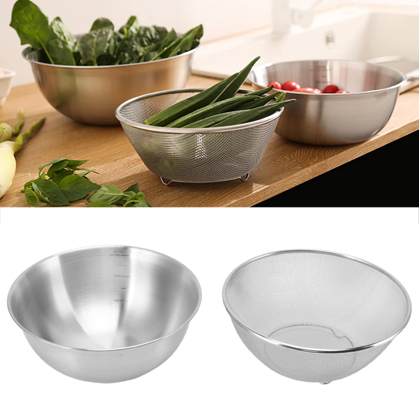 Colador de Acero Inoxidable, Colador de Colador para Cocina, Colador de Metal, Coladores de Malla Fina de Acero Inoxidable (Cuenco+Pantalla de malla)