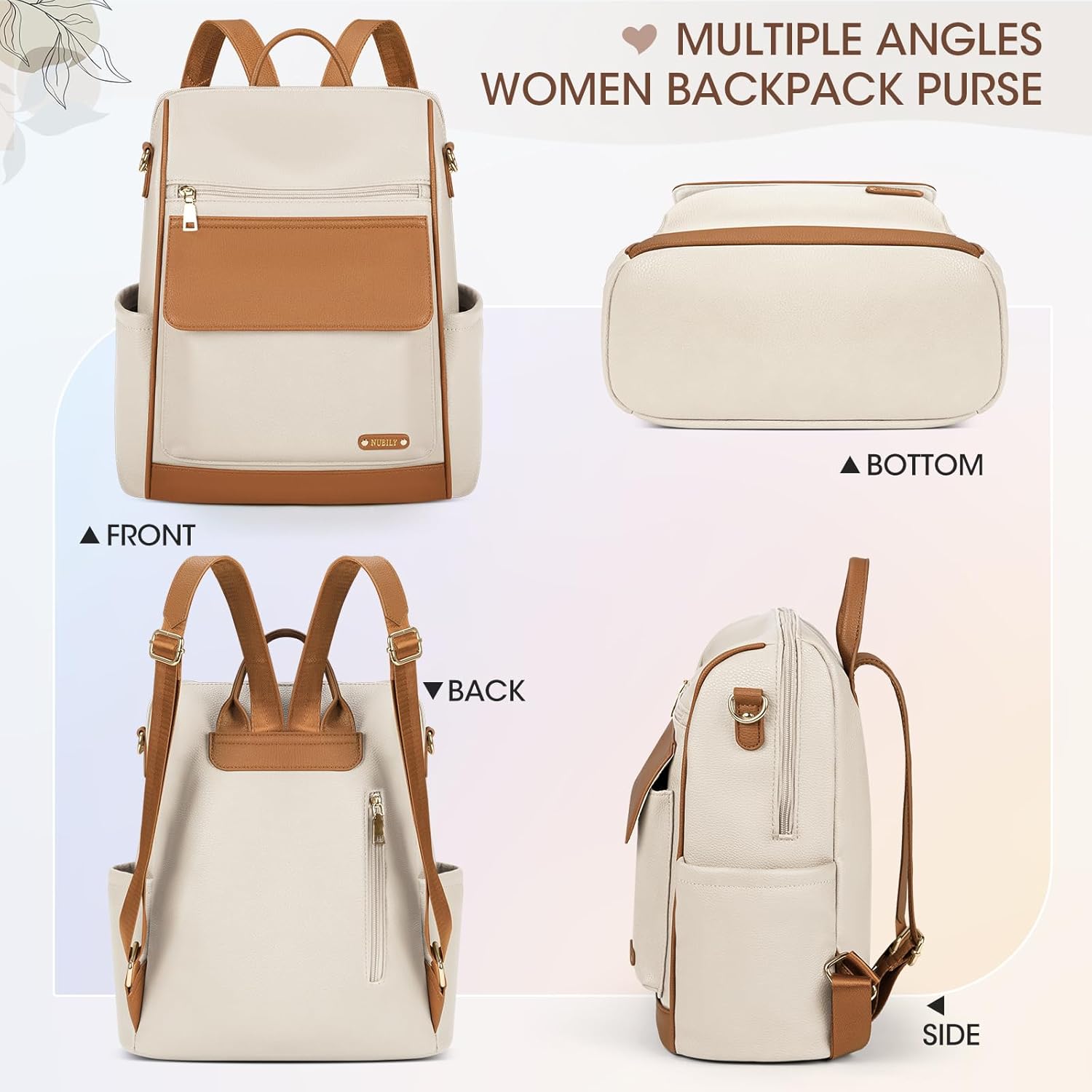 NUBILY Backpack Purse for Women Leather Anti-Theft Mini Backpack Fashion Designer Handbag Convertible Travel Bag Ladies Shoulder Bags, Beige