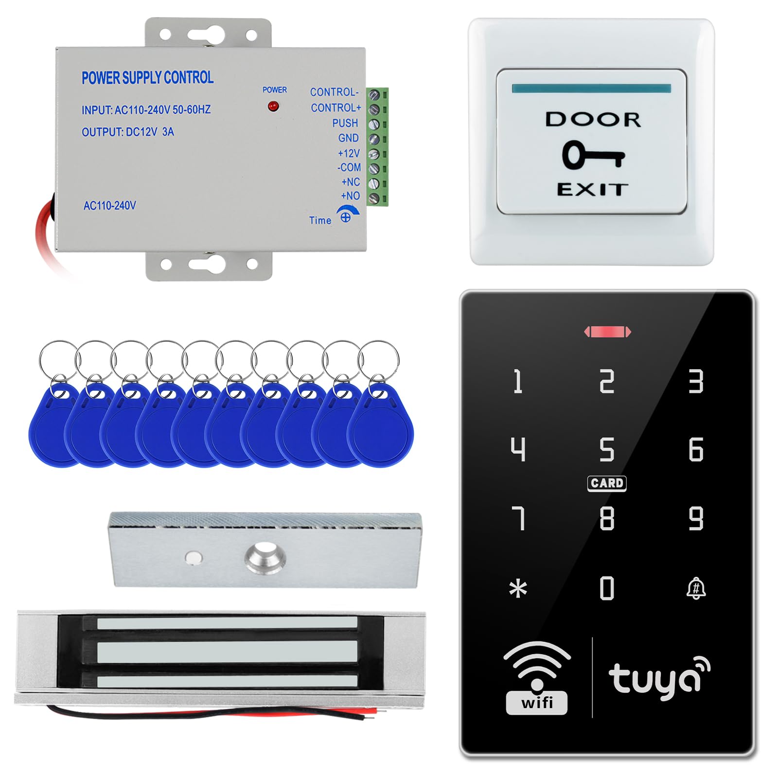 Kit completo de control de acceso WiFi inteligente S10 Tuya: bloqueo magnético de 180 kg, fuente de alimentación, interruptor de salida y 10 tarjetas IC, solución de seguridad completa.
