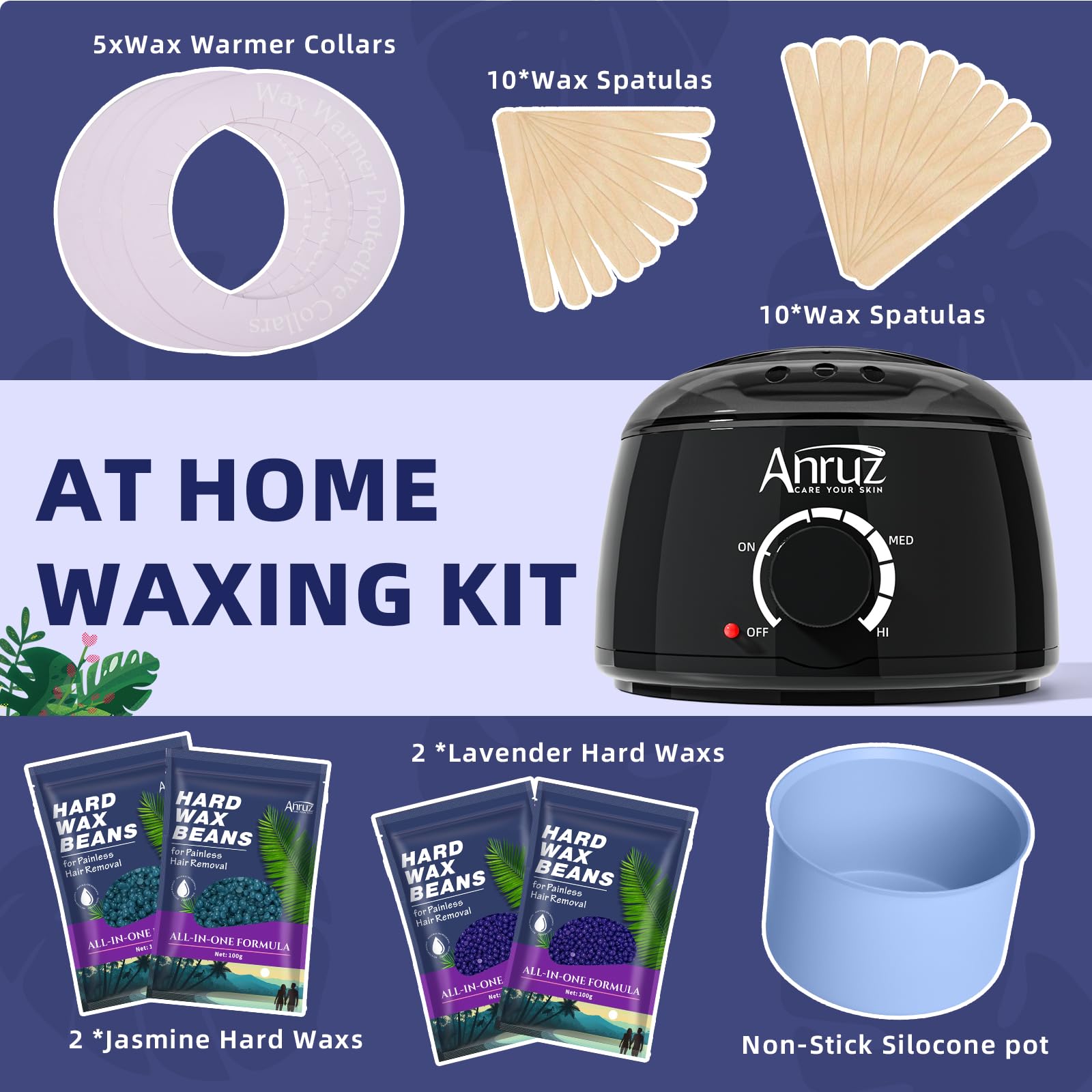 ANRUZ Chauffe Cire Epilation, Kit Epilation Cire Inclure 400g Perles de Cire et 20 Spatules, Silicone Bol， Chauffe Cire Kit pour Corps Entier, Jambes,Visage, Sourcils