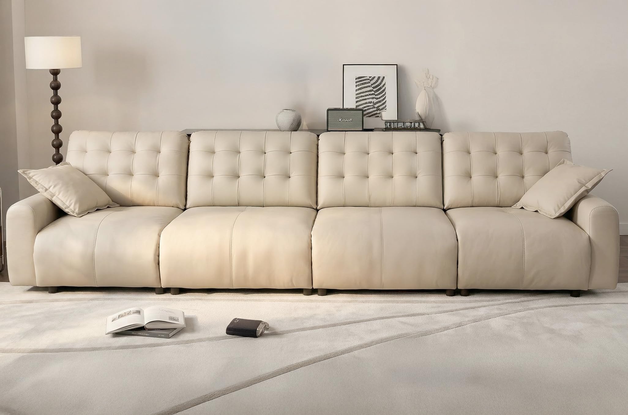 Oversized Sectional Couches for Living Room FSC Certified Pu Leather Cloud Couch Sleeper Sofa Adjustable Back Chaise Detachable Armrest Cushion (Beige