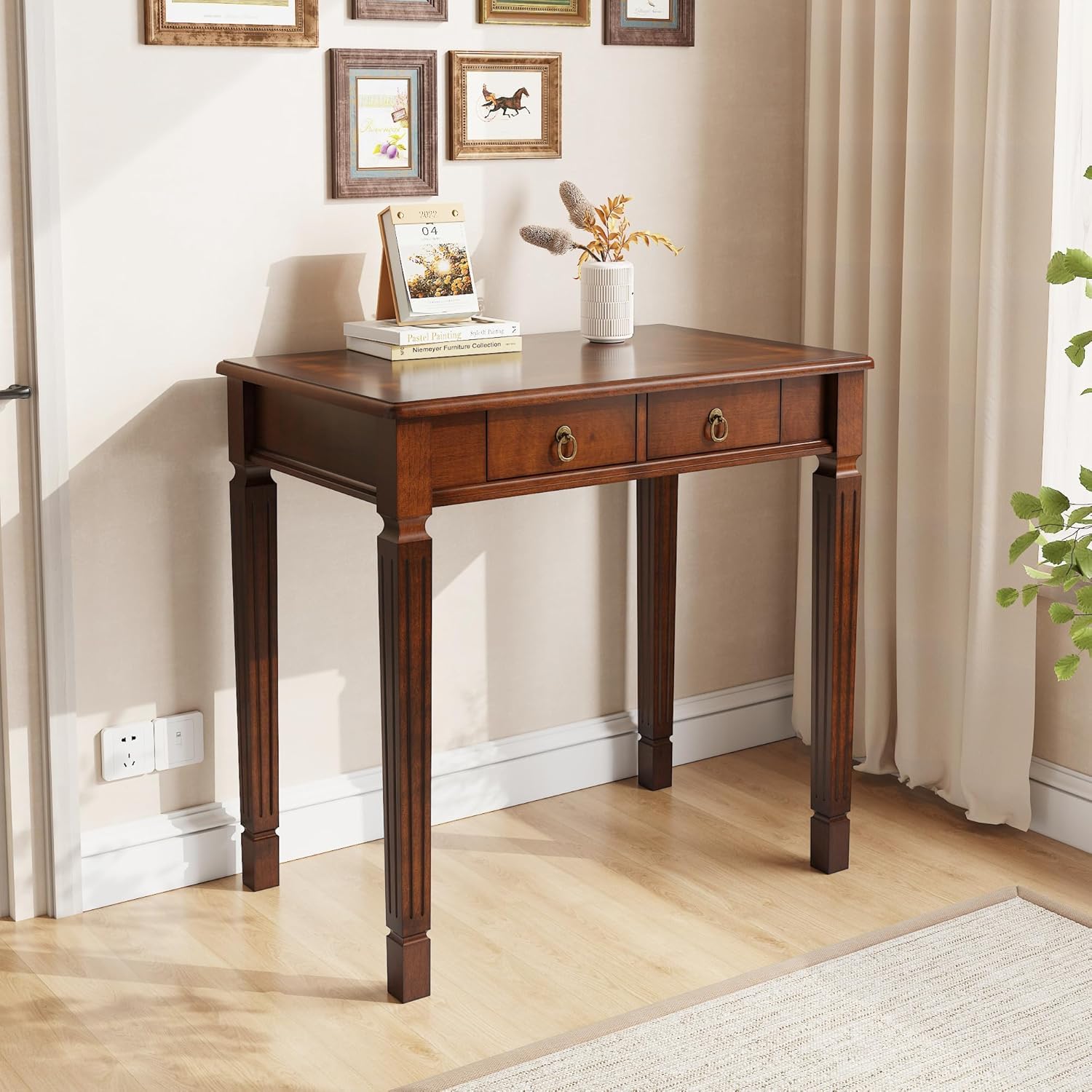 PADMA HOUSE Scrittoio in Legno Massiccio 80cm, Scrivania Vintage con 2 Cassetti, Tavolo da Studio Robusto per Computer e Ufficio, Mobile Salvaspazio Stile Classico