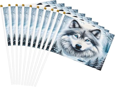 White Wolf In Snow Handheld Flags 10 Pack Small Mini 5.5x8.2 Flags on Stick for Home Decor Events Festival Parties