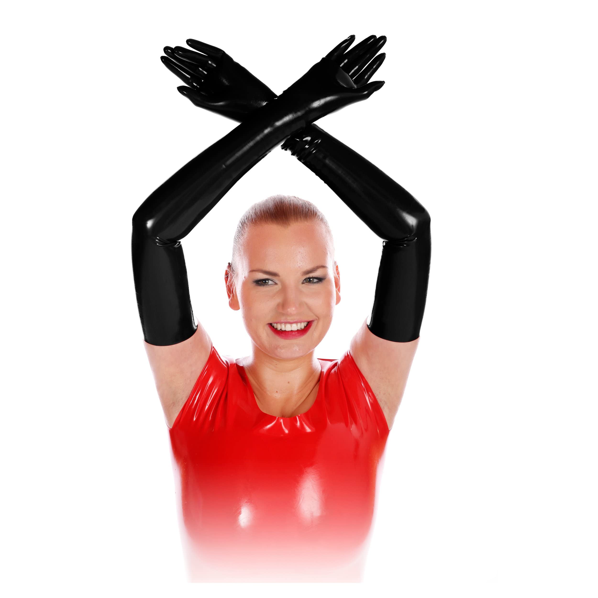 Rubberfashion Paire de gants sexy en latex pour pratiques sexuelles - femme et homme (unisexe) - long SECOND CHOIX - noir 0.4 Medium