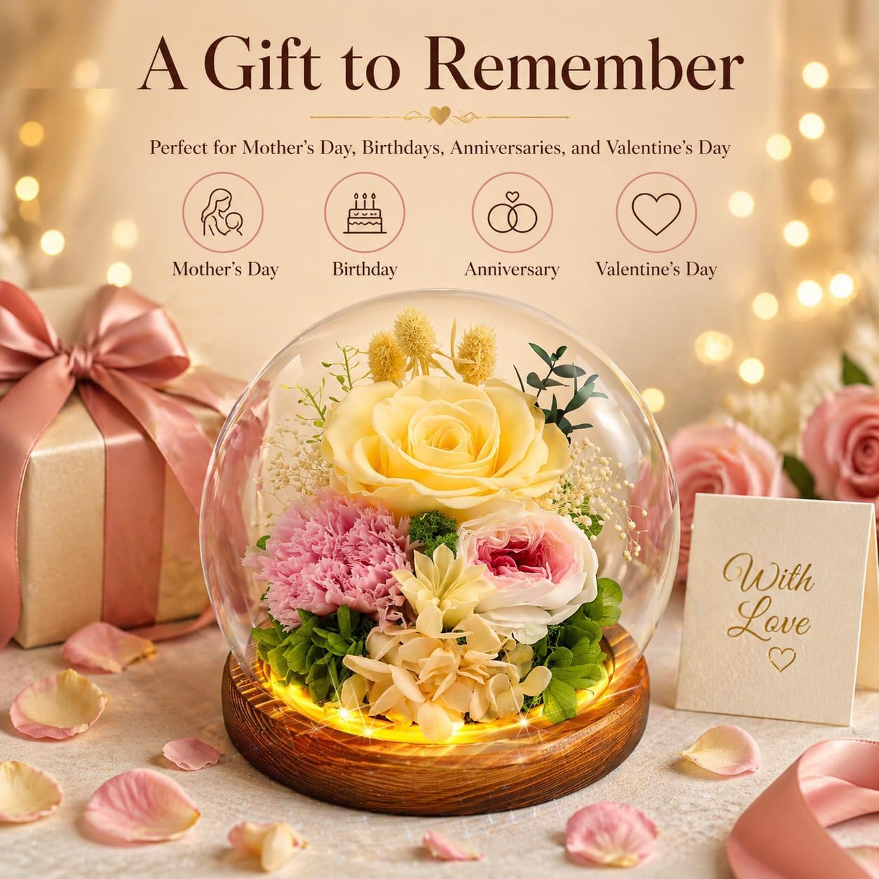 MOKOQI Yellow Rose Birthday Gifts for Women | Mothers Day Gifts for Mom Grandma - Preserved Real Rose in Glass Dome with LED Strip | Fresh Flowers for Delivery on Birthday