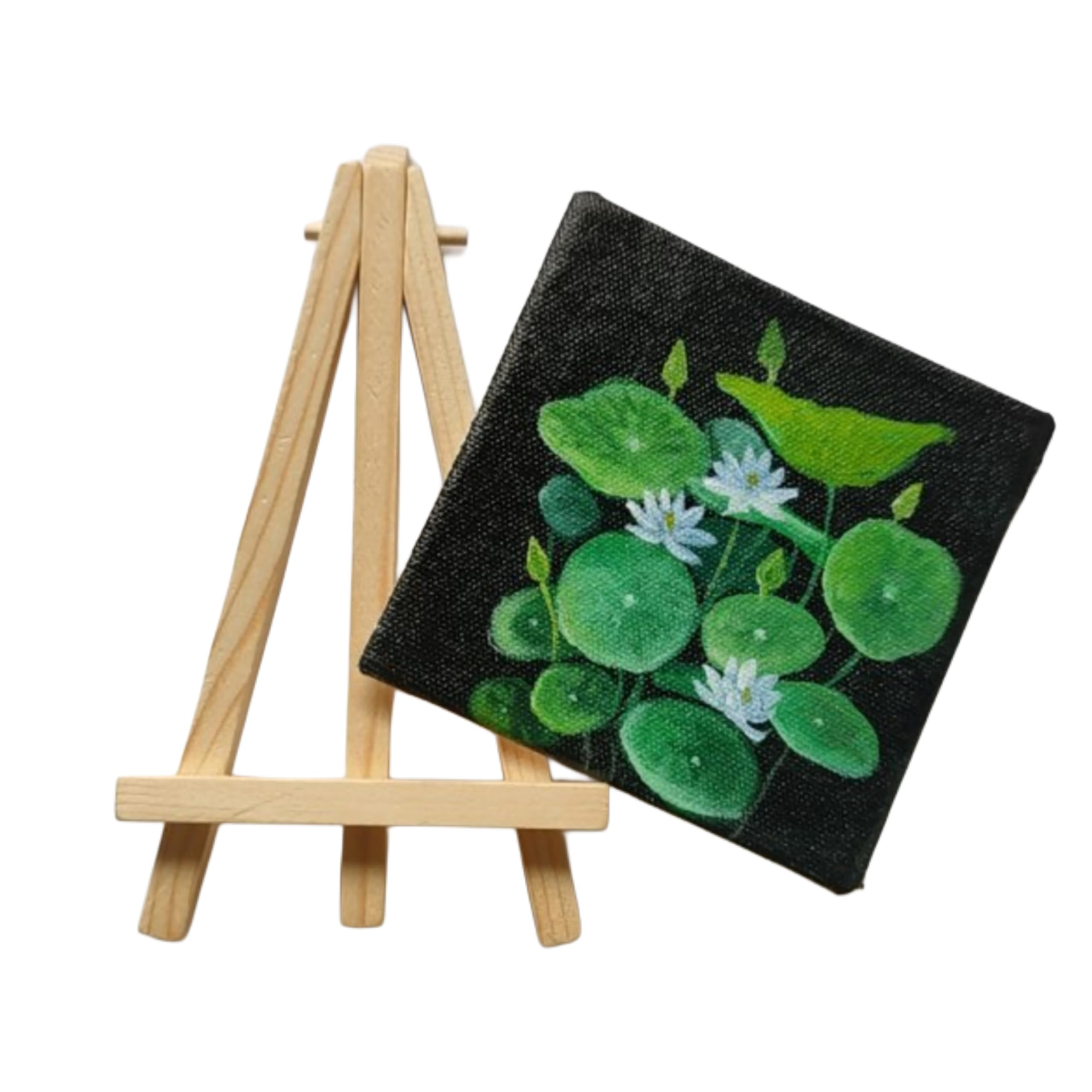 BHAGATH ART STUDIO Mini Canvas Art with Wooden Easel Stand, Water Lily Painting, 10 cm x 10 cm, Black Background, Home Decor,Fine Art-image-40