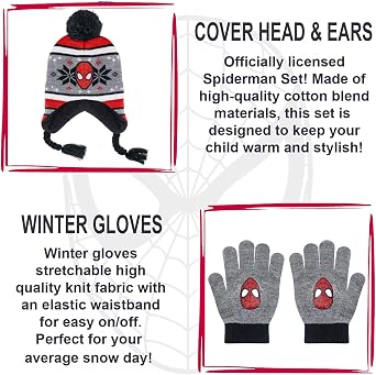 Marvel Spider-Man Kids Winter Hat and Snow Gloves for Boys and Toddlers, 2 Pc. Set, Pom-Pom Beanie with Warm Mittens