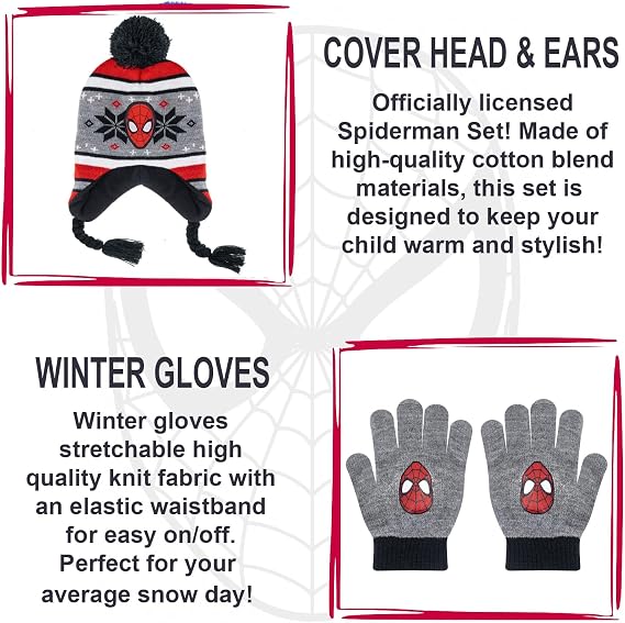 Marvel Spider-Man Kids Winter Hat and Snow Gloves for Boys and Toddlers, 2 Pc. Set, Pom-Pom Beanie with Warm Mittens