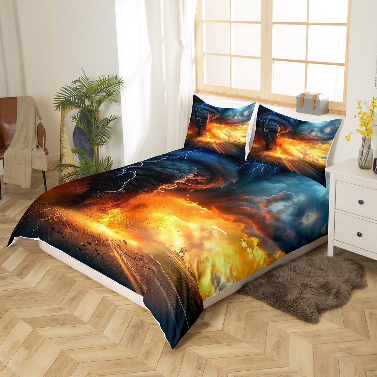 Castle Fairy Tornado Duvet Cover for Boys,Girls Thunder and Lightning Comforter Cover Full Size,Firelight Bedding Set Kids Teen Room Decor Bed Cover,Red and Blue Bedclothes with Zipper