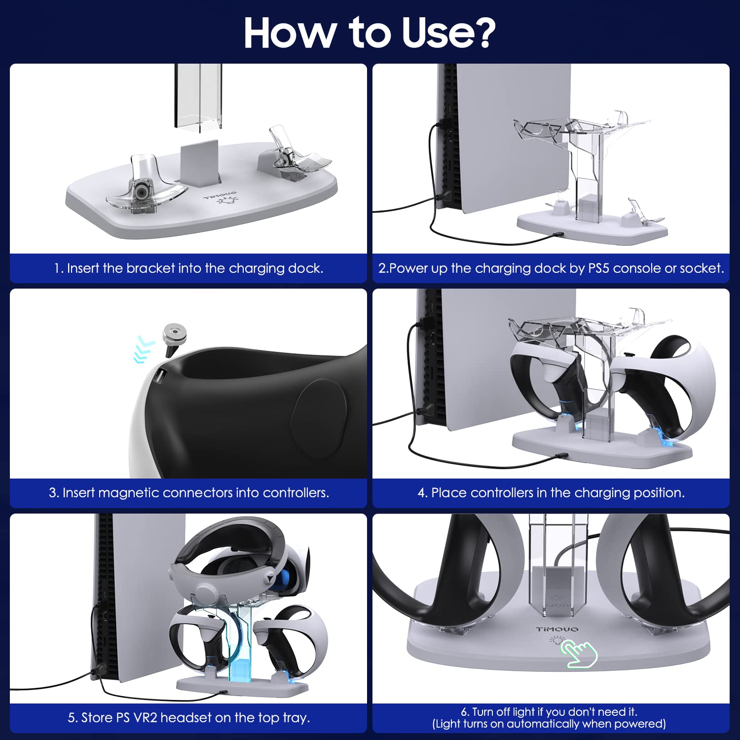 TiMOVO PS VR2 Estación de Carga del Controlador, Cargador Mandos VR2 PS5, Soporte de Cargar Carga Magnética con Soporte para PS VR2 Gafas, LED Luz, Protección de Sobrecarga, Blanco y Transparente