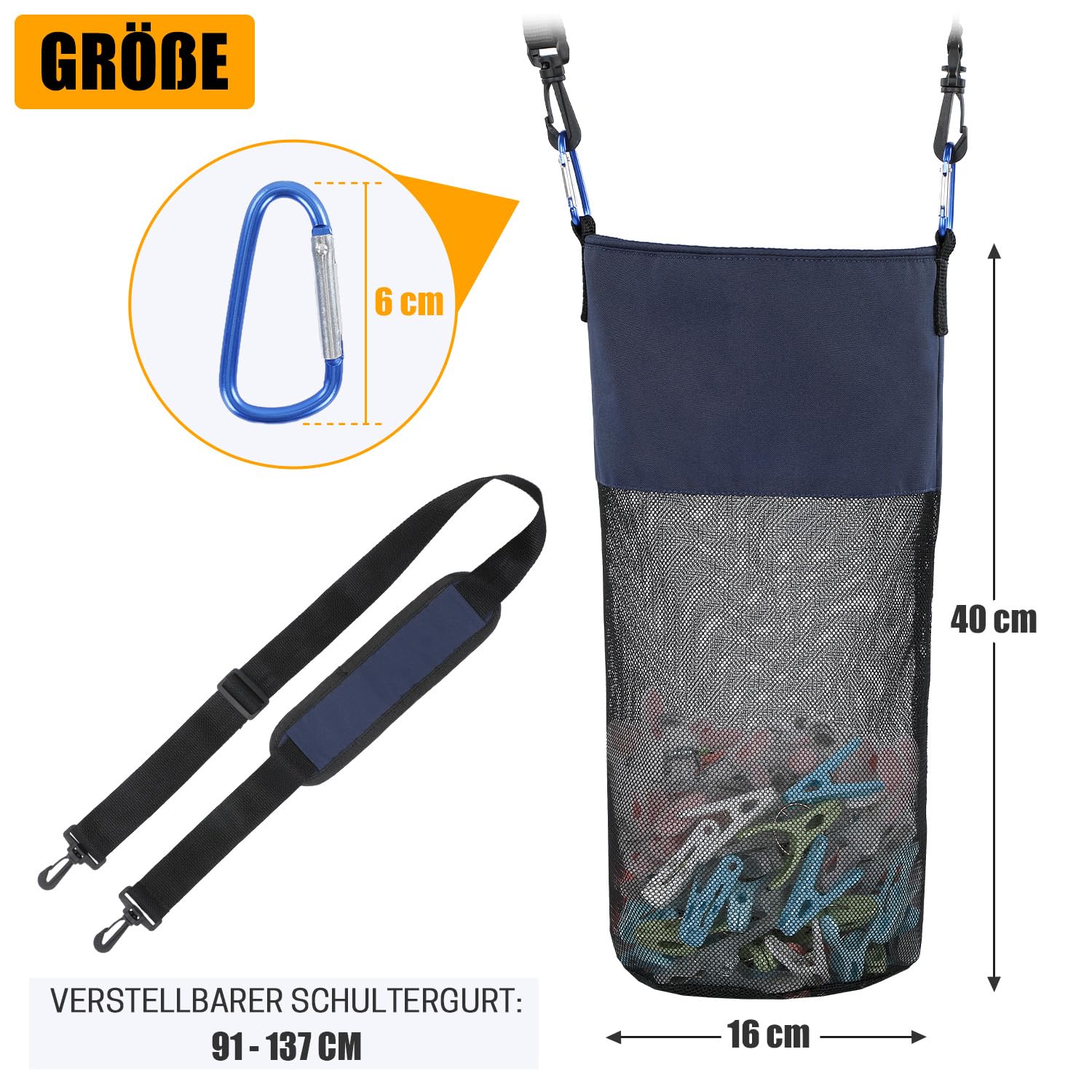 Bolsa para pinzas de la ropa, bolsa de malla para colgar pinzas de la ropa con gancho y correa para el hombro, contiene 500 pinzas de ropa, portátil, bolsa de secado rápido, azul oscuro