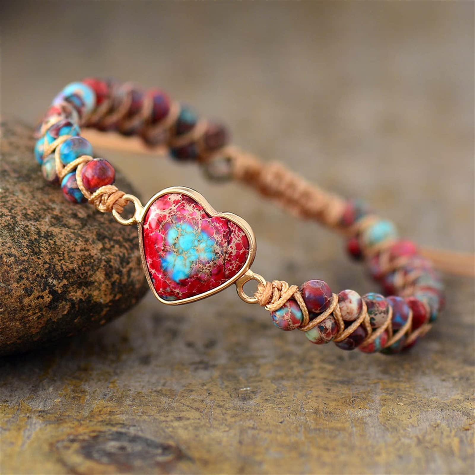 Pulsera de Piedra Natural Pulseras con dijes de corazón de Piedra Natural Pulseras de macramé Trenzadas de Hilo Pulsera Envolvente de Amistad de jaspes Joyería Femenina Pulsera joyería