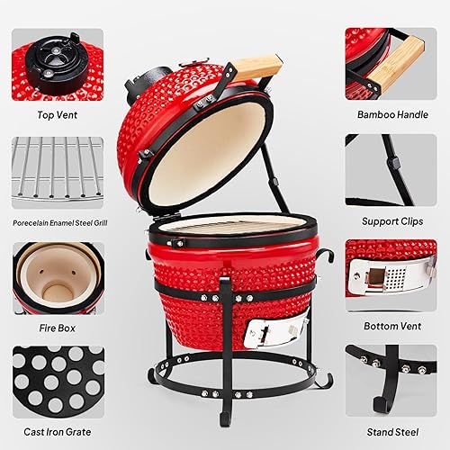 Miniatura 6 de ROVSUN Parrilla de carbón de cerámica esférica roja de 13 pulgadas con forro interior, ahumador portátil para cocinar al aire libre, acampar y asar