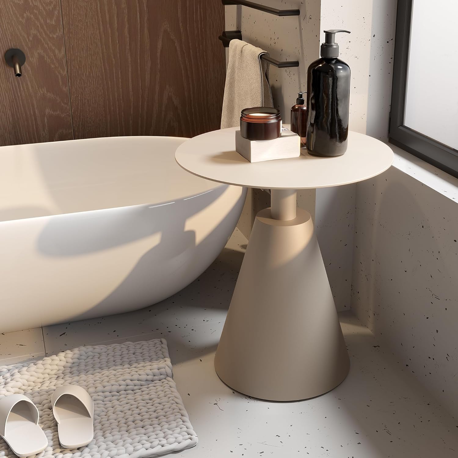 Round Patio Bistro Table, Outdoor Coffee Table Small Metal Circle End Table for Living Room Bed Bedroom Small Spaces Couch Waterproof Rustproof Patio Side Table - Φ19.7''x22''(H) - Light Brown