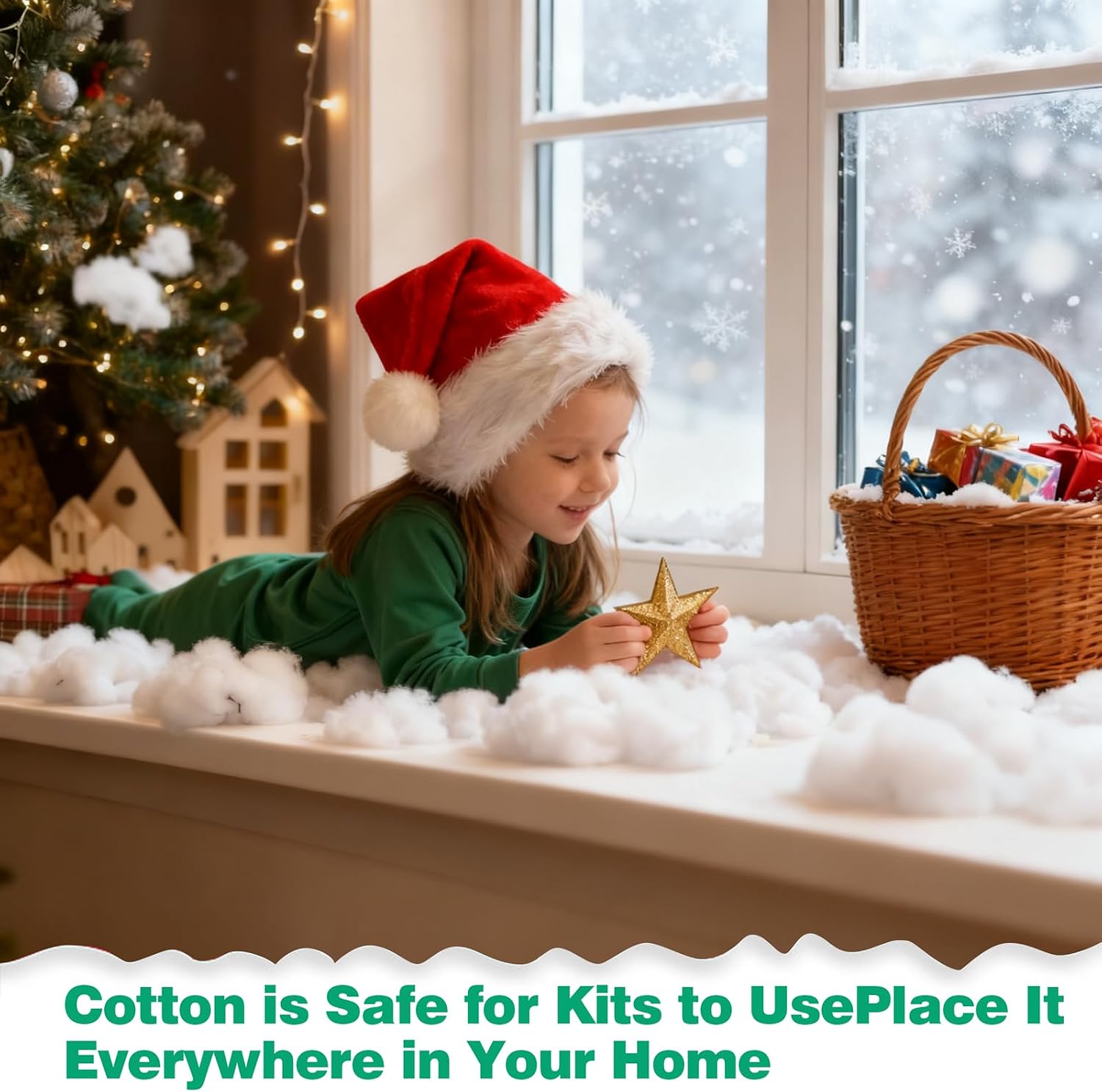 1LB Christmas Fake Snow Decor，Cotton White Fluff Christmas Indoor Decoration，Vacuum-Packed Artificial Snow，Cotton Stuffing for Crafts Christmas Village Snow Tree Table Covering Home and Office