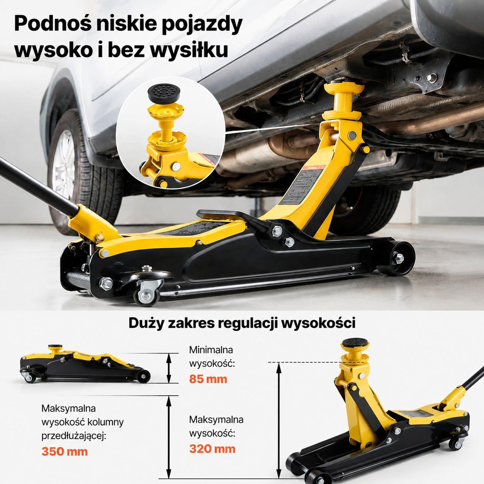 Podnośnik hydrauliczny 2,5 t, niskoprofilowy stalowy z pompą jednotłokową, adapterami do SUV-ów, sedanów i aut wyścigowych