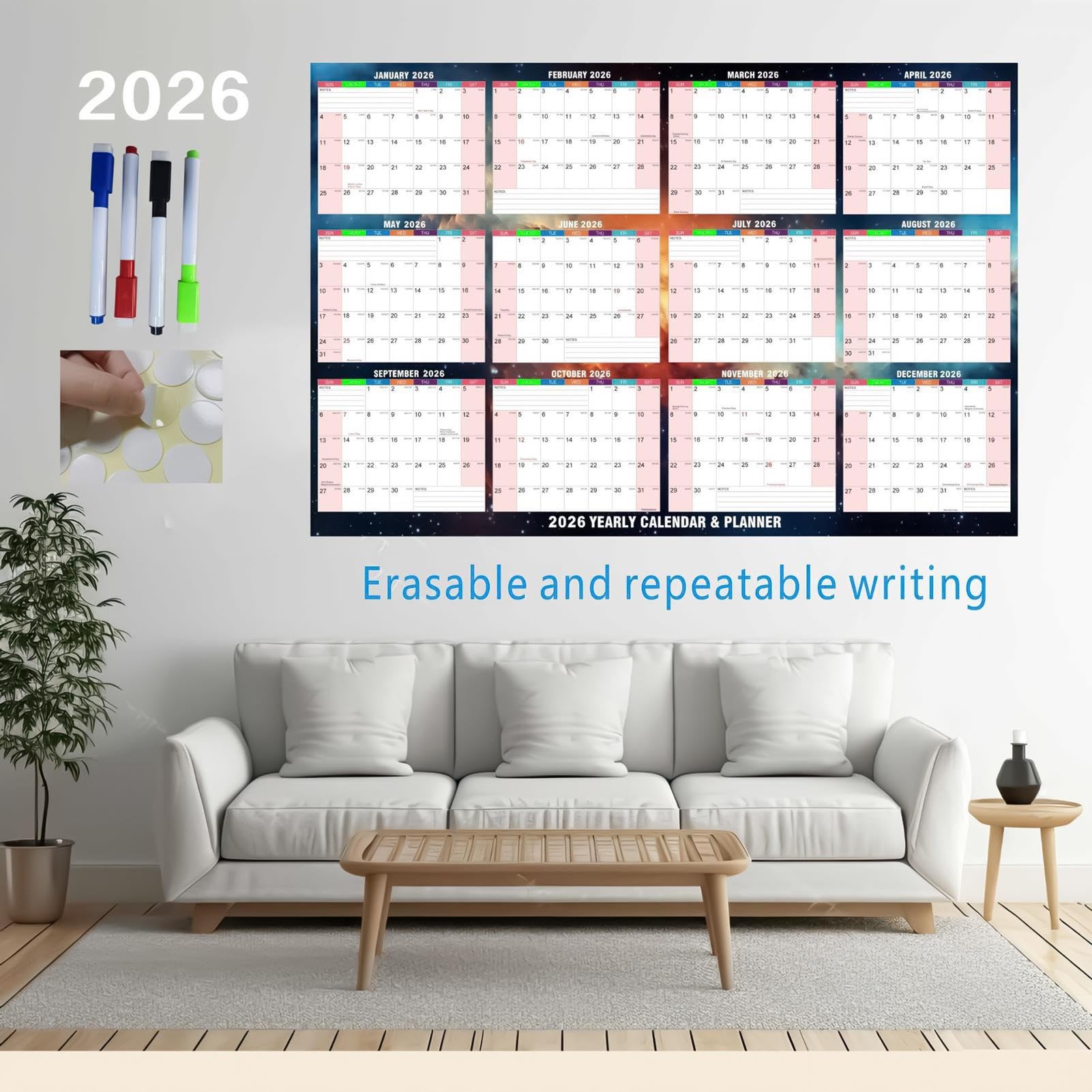 Calendario Annuale 2026 61 X 86 Cm Doppia Faccia Cancellabile A Secco Per