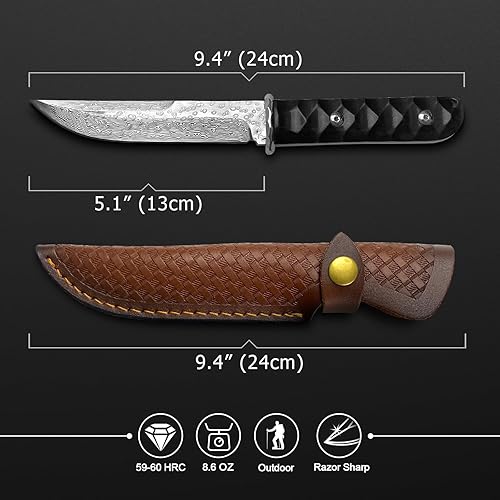 Miniatura 6 de MADSABRE Cuchillo de supervivencia de Damasco de hoja fija de 9.4 pulgadas, cuchillo de supervivencia de Damasco VG10 Core Damasco japonés con funda